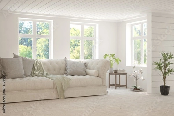 Fototapeta White living room with sofa and summer landscape in window. Scandinavian interior design. 3D illustration