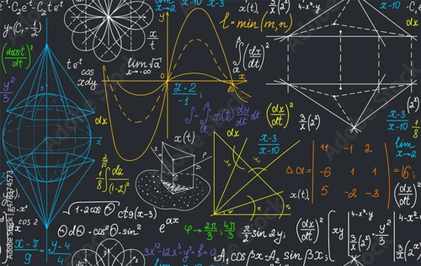 Fototapeta Multicolored vector seamless pattern with handwritten geometry and algebra formulas