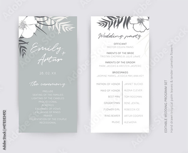 Fototapeta Gray and snow-white elegant vector wedding ceremony and party program card set. Editable tropical palm leaves, foliage decorative border, frame. Modern, minimalist design. Cute, botanical illustration