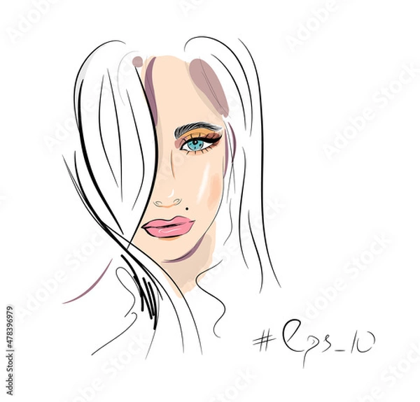 Obraz A sketch of a portrait by hand of a girl's face makeup with pink lips.