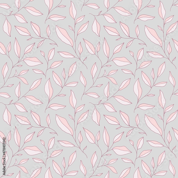 Fototapeta Seamless monochrome pattern with doodle leaves. Vector floral background with stylized tree branches.