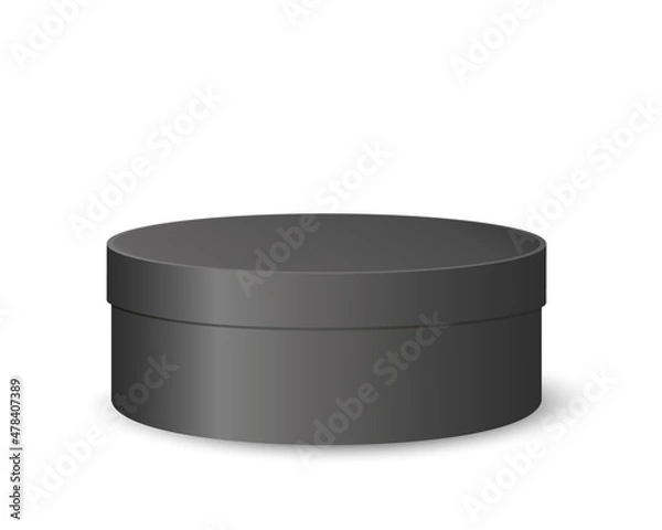 Fototapeta Black round box mockup. Plastic, tin or cardboard package for product design. Container for gift, hat, cookies, cosmetics isolated on white background. Vector realistic illustration