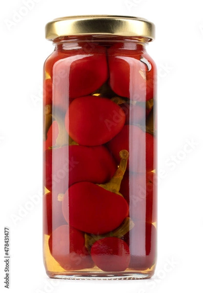 Fototapeta A glass jar with ripe preserved peppers is isolated on a white background. Full clipping path.