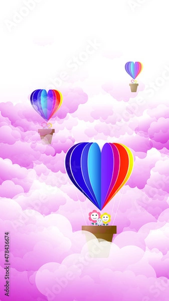 Fototapeta Valentines day greetings card with balloons flying with clouds vector.Heart hot air balloon flying.Love background.Cute paper cut design.posters,rainbow,gift box.Paper cut style.Space for your text.