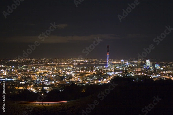 Obraz Auckland New Zealand, Sky Tower, and Harbour Bridge at Night