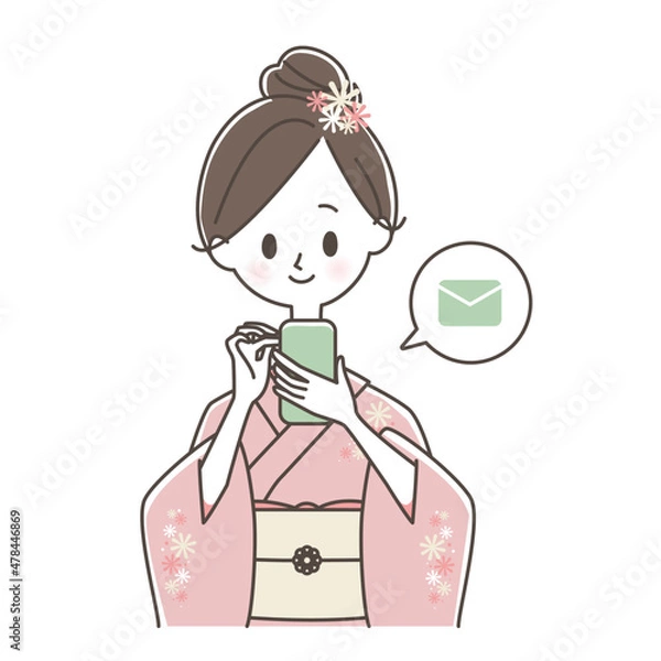 Obraz スマートフォンでメールを送る着物姿の女性