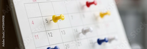 Fototapeta Various color thumb tack pins on calendar as reminder
