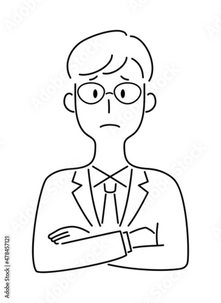 Fototapeta 手描き風・腕を組んで困った顔をする男性のベクターイラスト