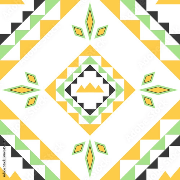 Fototapeta Traditional fabrics, yellow, green and gray, made of geometric shape. Triangle and quadruple, suitable for destroying fabrics, bag patterns, vintage patterns.