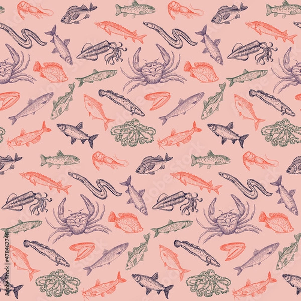 Obraz Graphic seamless pattern with fish and seafood elements