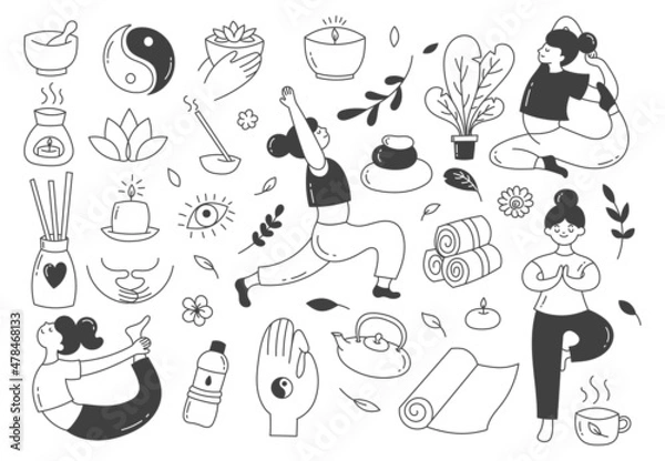 Fototapeta Doodle cartoon is a set of elements of yoga classes. Sports, asana, poses. Girls do yoga. Mat, yin-yang, relaxing items.