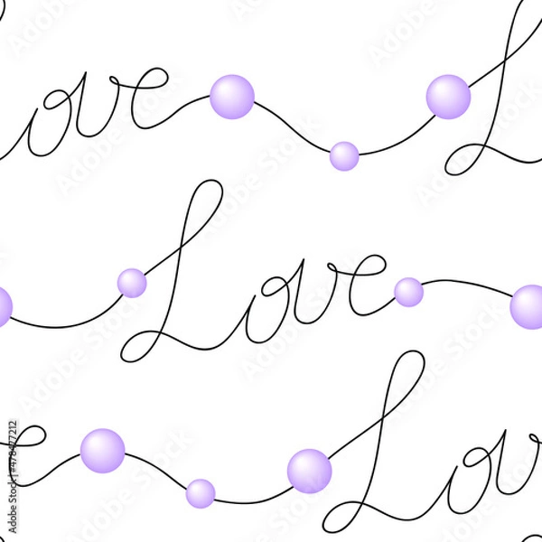 Obraz Seamless vector pattern. The inscription Love and beads on a white background. Valentine's Day. Package. Wallpaper.