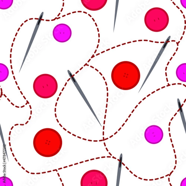 Fototapeta Seamless vector pattern. Buttons, needle and thread on a white background. Needlework. Red shades. Package. Print. Scrapbooking. Wallpaper.