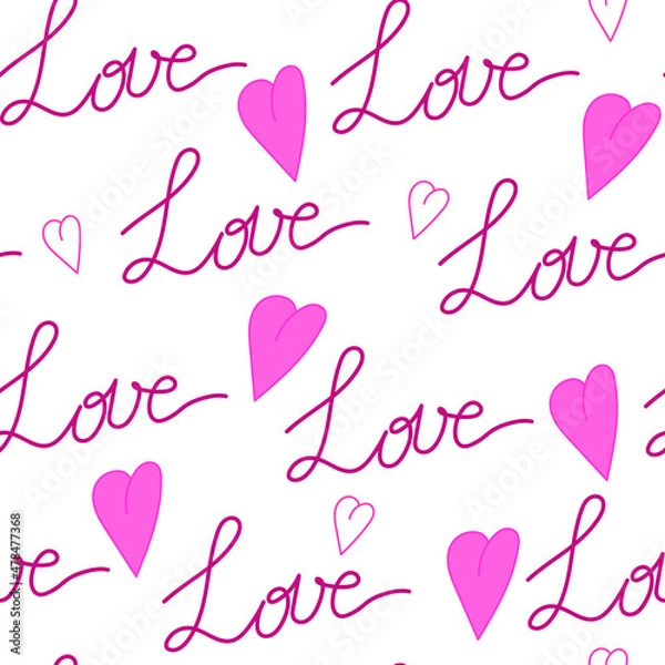 Obraz Seamless vector pattern. Lettering Love, hearts on a white background. Pattern in shades of pink. Valentine's Day. Wedding. Package. Wallpaper.