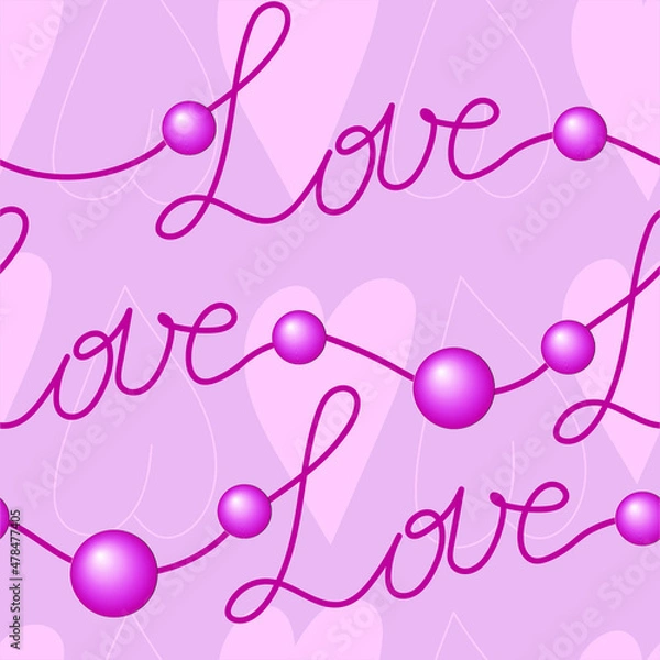 Obraz Seamless vector pattern. Lettering Love, hearts and beads on a pink background. Pattern in shades of pink. Valentine's Day. Wedding. Package. Wallpaper.