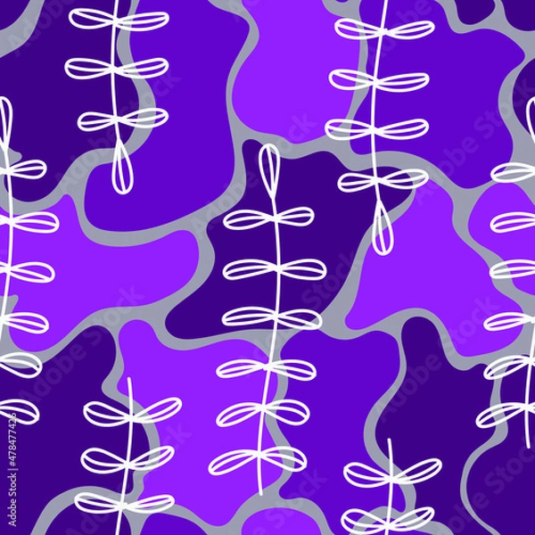 Obraz Seamless vector pattern. White leaves on a background of purple spots. Wrapping paper. Cover. Wallpaper. Background.