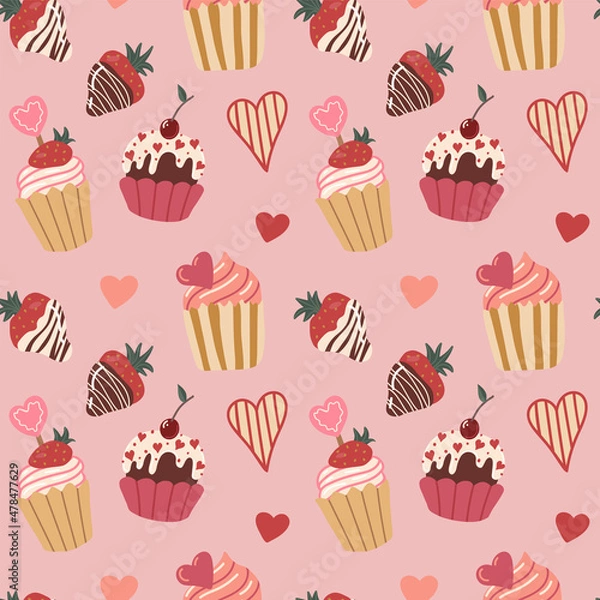 Fototapeta Vector seamless pattern with hearts and chocolate-covered strawberries. Cupcake. Valentines. Symbols of Valentine s day. Hand drawn illustration. The print is used for Wallpaper, fabric, textile.