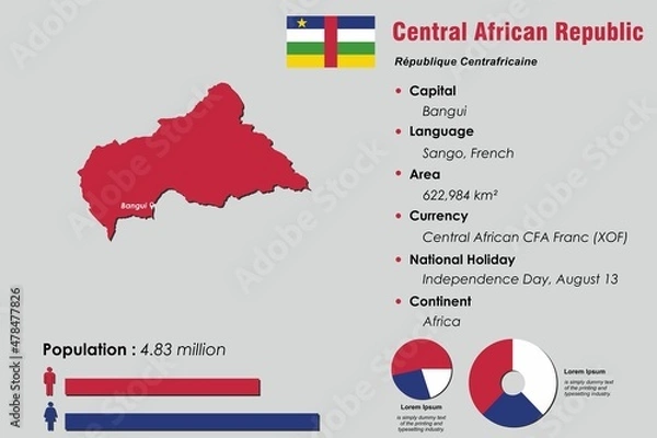 Fototapeta Central African Republic infographic vector illustration complemented with accurate statistical data. Central African Republic country information map board and Central African Republic flat flag