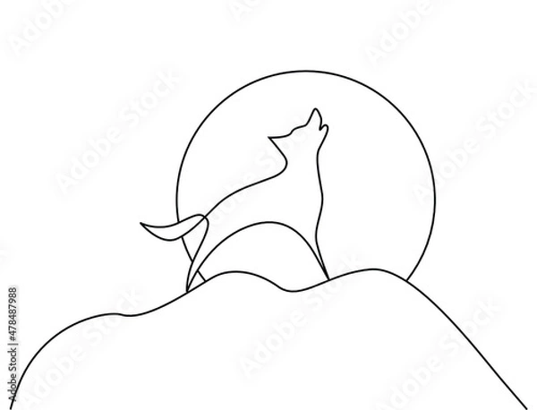 Fototapeta wolf icon under the moon line art vector illustration