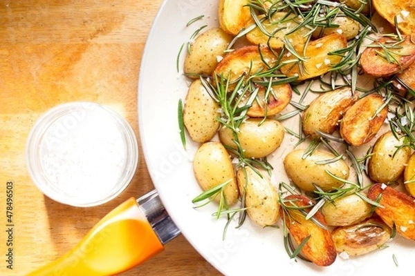 Obraz cooking fried potatoes in white pan
