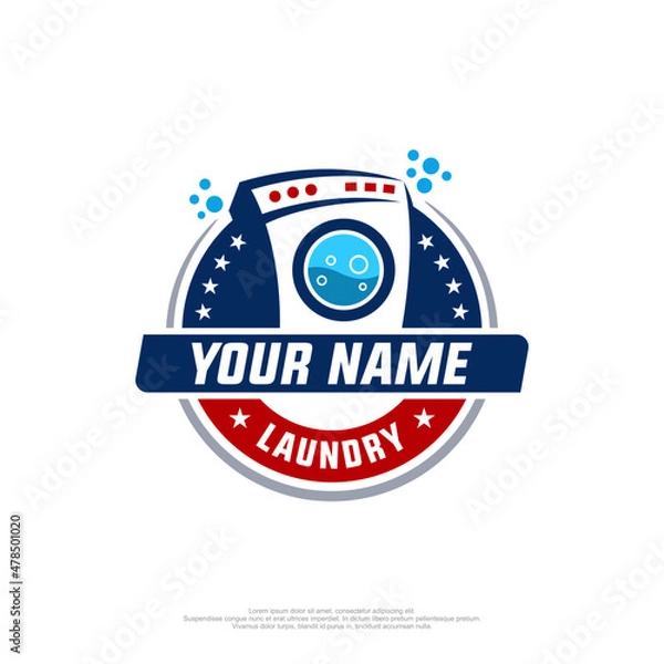 Fototapeta Laundry badge logo in red blue and laundry machine