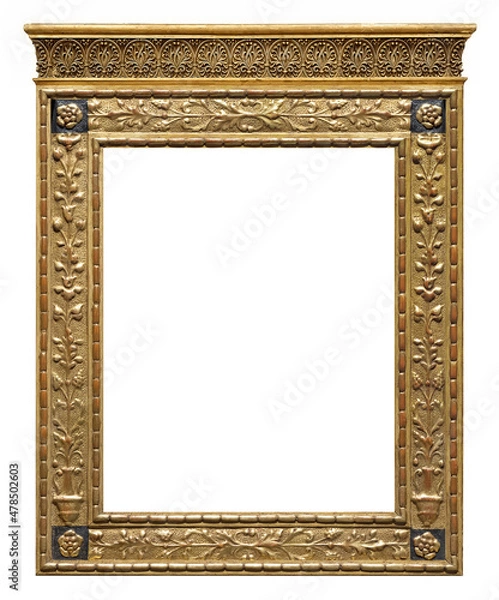 Fototapeta Golden frame for paintings, mirrors or photo isolated on white background. Design element with clipping path