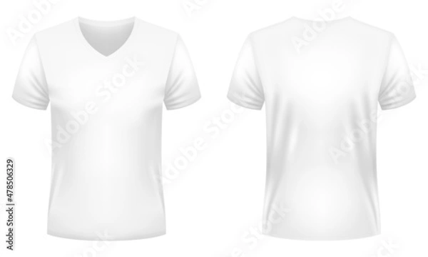 Fototapeta Blank white V-neck t-shirt template. Front and back views. Vector illustration.