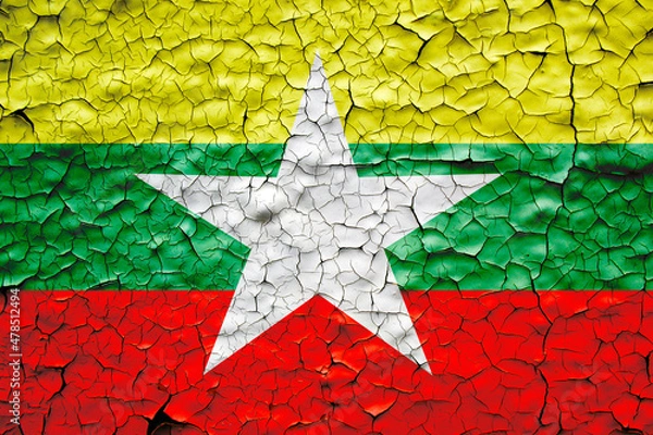 Fototapeta Myanmar flag painted over cracked concrete wall. Myanmar government collapse concept illustration