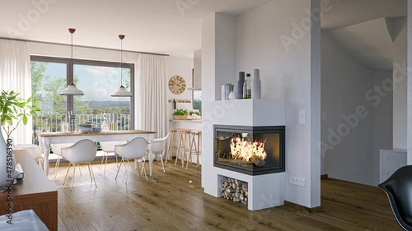 Obraz Luxury european cosy detached house interior with kitchen, sofa, table and fireflace