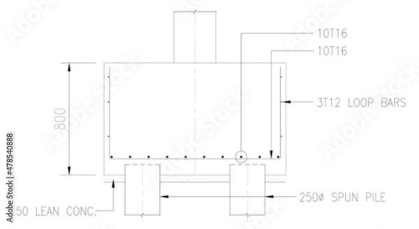 Fototapeta Plan and sections of pile cap design drawing shown technical drawing using CAD and in 2D format. The design by the structural engineers for use of builders at the construction site. 
