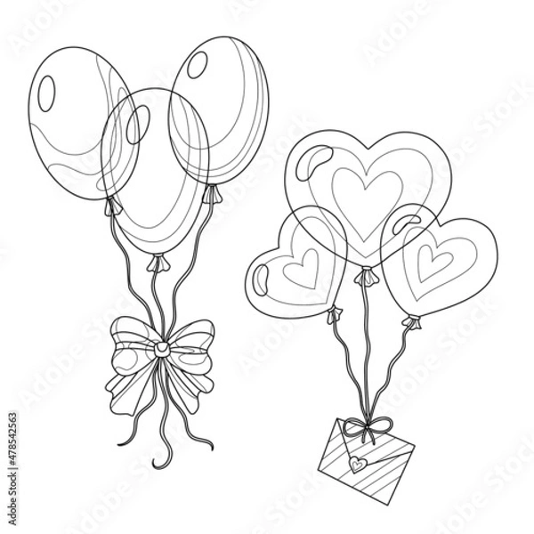 Fototapeta Outline balloons with love letter and bow decoration for greeting valentine's day, birthday, holidays. Balloon romantic design with doodle and zentangle elements. Vector hand drawn isolated.