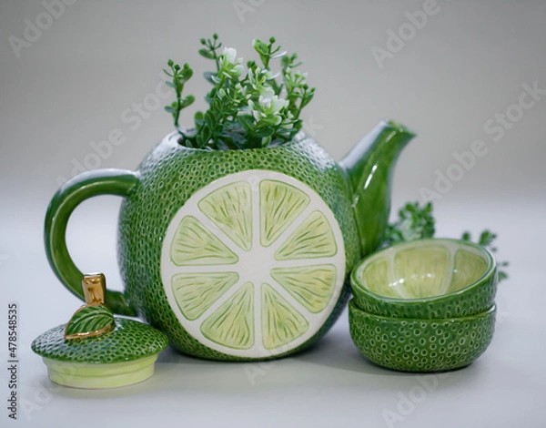 Obraz Teapot lime green. Handmade ceramic tea set
