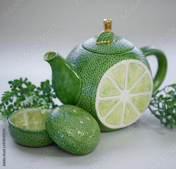 Obraz Teapot lime green. Handmade ceramic tea set