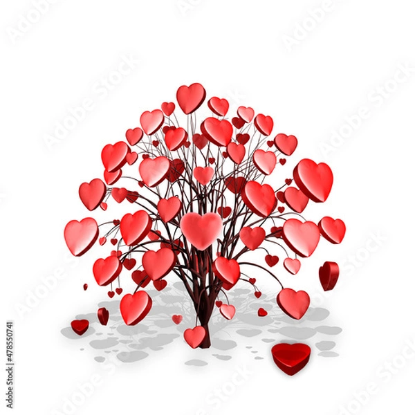 Fototapeta 3D illustration of tree with heart-shaped leaves falling on the ground. 3D rendering