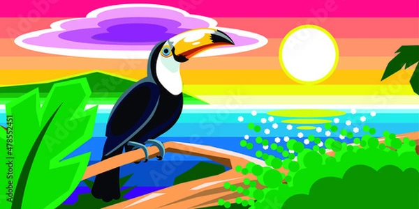 Fototapeta Toucan bird on a branch on beautiful island at sunset. Vector illustration