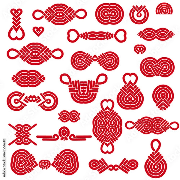 Fototapeta Chinese fasteners for qipao dresses. Red template in asian style for clothes design. Objects isolated on a white background. Vector set.