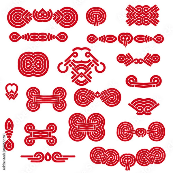 Fototapeta Chinese fasteners for qipao dresses. Red template in asian style for clothes design. Objects isolated on a white background. Vector set.