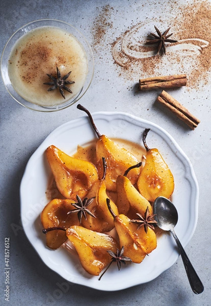Obraz Poached pears with spices homemade dessert.