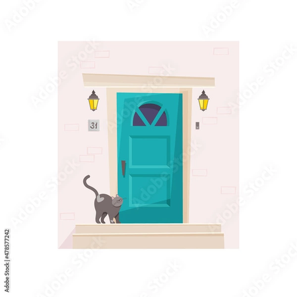 Fototapeta Entrance to the house. Porch and steps. A domestic cat walks along the porch. The pet wants to enter the house. The animal is calm and quite resting near the house. Flat vector illustration.