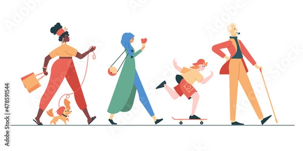 Obraz Walking people. Man, boy and women walk side profiles. Stylish colorful moving characters of different ages and nationalities in casual clothes. Vector flat illustration.