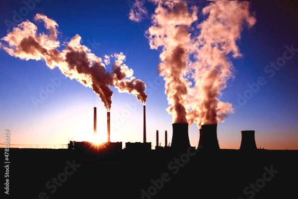 Fototapeta coal fired power station and Combined cycle power plant at sunset, Pocerady, Czech republic