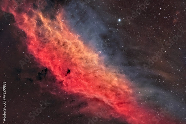 Obraz The California Nebula (NGC 1499) is an emission nebula located in the constellation Perseus. It is so named because it appears to resemble the outline of the US State of California.