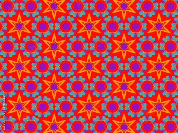 Fototapeta Colorful and vibrant repeating pattern in red, purple and blue. Energetic, hypnotic and positive surface print for fabric, packaging and wrapping. Concept of passion, sex appeal, love and enchantment.
