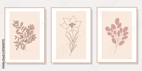 Obraz Abstract floral line art set of 3 minimalist prints. Vector design elements of nature for poster, prints, t-shirt, wall art, logo, banner, canvas prints, home decor, cover, wallpaper.