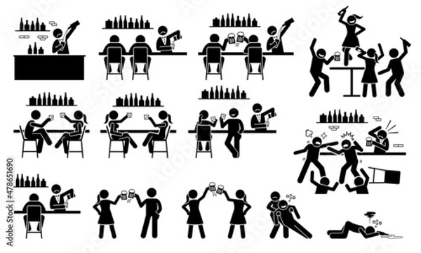 Obraz People drinking beer and wine at bar. Vector illustration stick figures of bartender, male and female friends drinking alcohol, girl dancing on table, clinking beer glass, bar fight, and drunk at bar.