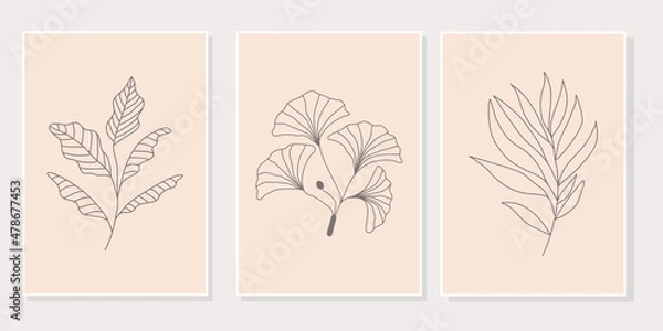 Fototapeta Abstract floral line art set of 3 minimalist prints. Vector design elements of nature for poster, prints, t-shirt, wall art, logo, banner, canvas prints, home decor, cover, wallpaper.