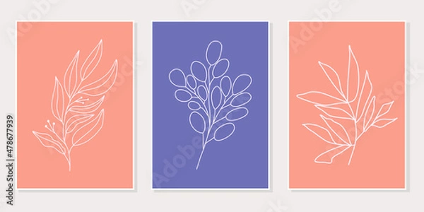 Obraz Abstract floral line art set of 3 minimalist prints. Vector design elements of nature for poster, prints, t-shirt, wall art, logo, banner, canvas prints, home decor, cover, wallpaper.
