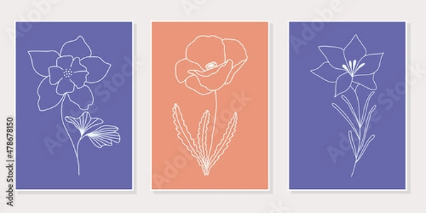 Fototapeta Abstract floral line art set of 3 minimalist prints. Vector design elements of nature for poster, prints, t-shirt, wall art, logo, banner, canvas prints, home decor, cover, wallpaper.