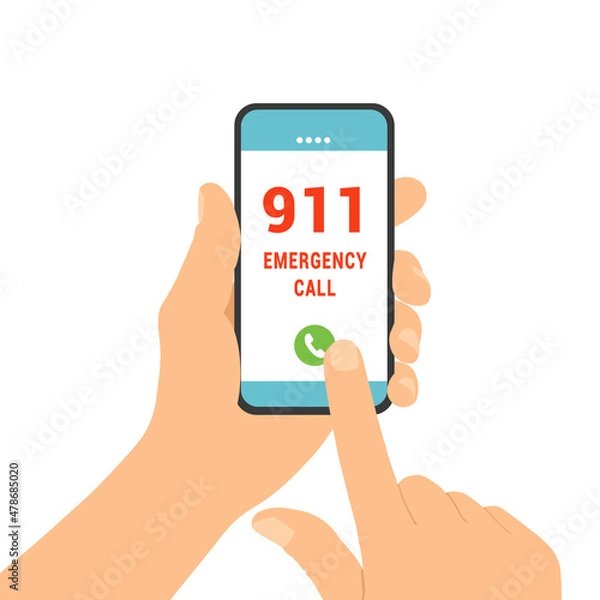 Fototapeta Flat design illustration of male hand holding smartphone. Emergency call for help on the phone number 911, vector