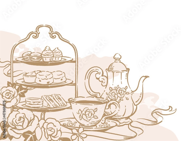 Obraz ティー・タイム、アンティーク小物のイラスト素材。ティーポットやティーカップ。ベクターイラスト